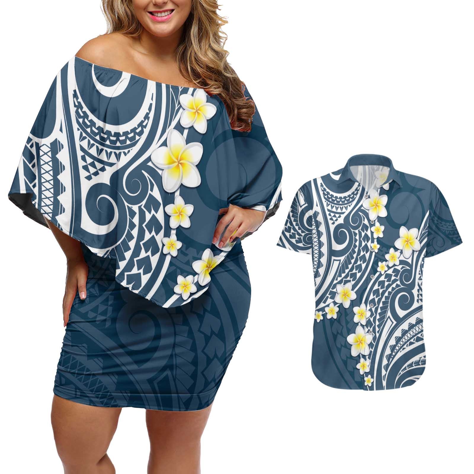 Plumeria With Blue Polynesian Tattoo Pattern Couples Matching Off Shoulder Short Dress and Hawaiian Shirt