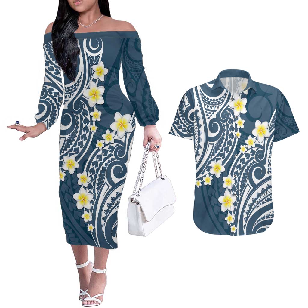 Plumeria With Blue Polynesian Tattoo Pattern Couples Matching Off The Shoulder Long Sleeve Dress and Hawaiian Shirt
