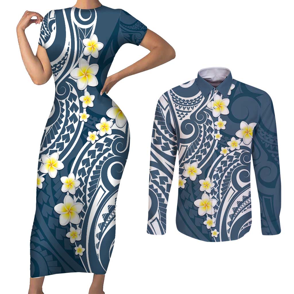 Plumeria With Blue Polynesian Tattoo Pattern Couples Matching Short Sleeve Bodycon Dress and Long Sleeve Button Shirt