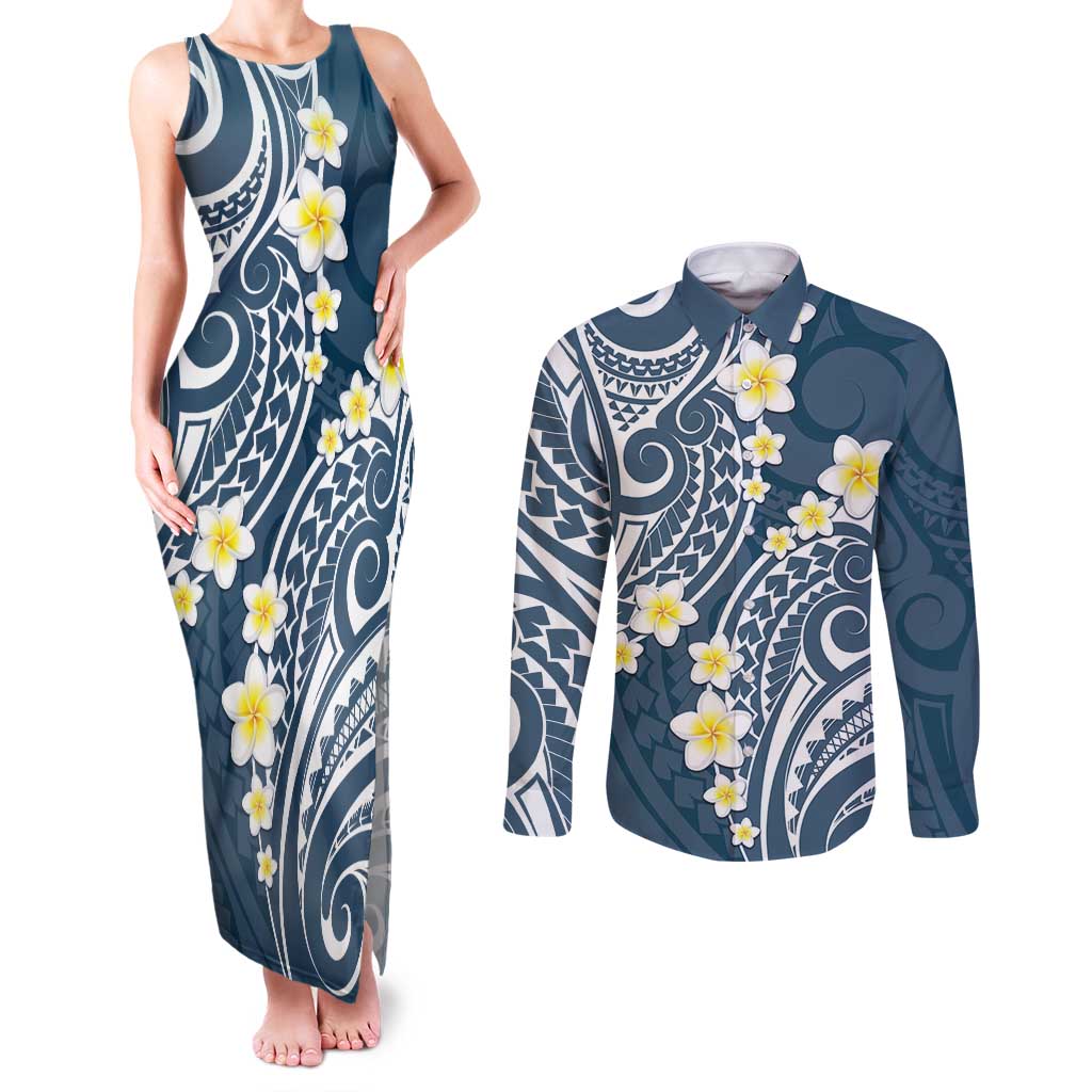 Plumeria With Blue Polynesian Tattoo Pattern Couples Matching Tank Maxi Dress and Long Sleeve Button Shirt