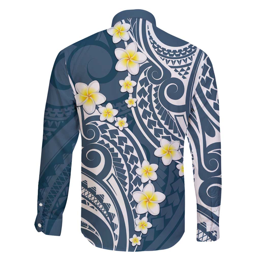 Plumeria With Blue Polynesian Tattoo Pattern Family Matching Long Sleeve Bodycon Dress and Hawaiian Shirt
