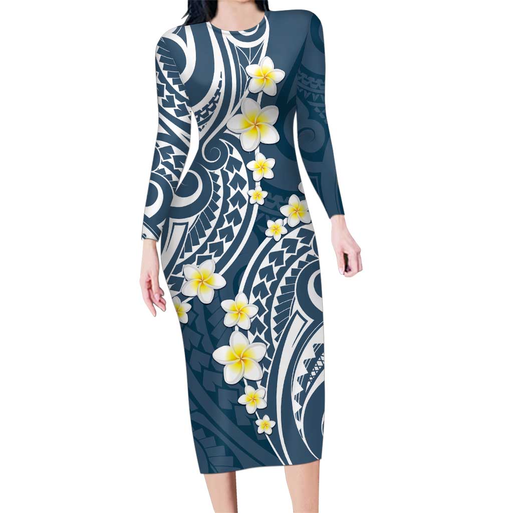 Plumeria With Blue Polynesian Tattoo Pattern Family Matching Long Sleeve Bodycon Dress and Hawaiian Shirt
