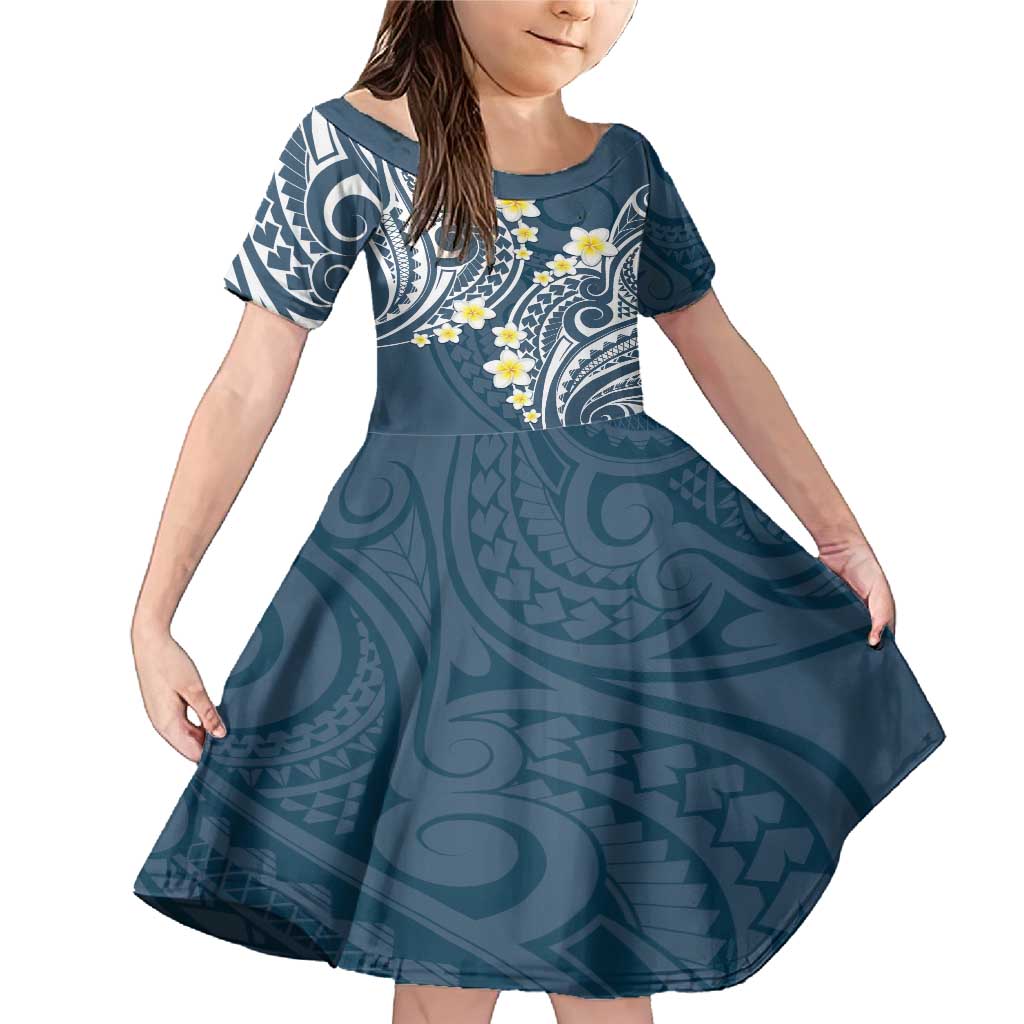 Plumeria With Blue Polynesian Tattoo Pattern Family Matching Mermaid Dress and Hawaiian Shirt LT05 Daughter's Dress Blue - Polynesian Pride
