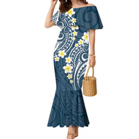 Plumeria With Blue Polynesian Tattoo Pattern Family Matching Mermaid Dress and Hawaiian Shirt LT05 Mom's Dress Blue - Polynesian Pride