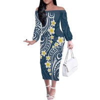 Plumeria With Blue Polynesian Tattoo Pattern Family Matching Off The Shoulder Long Sleeve Dress and Hawaiian Shirt