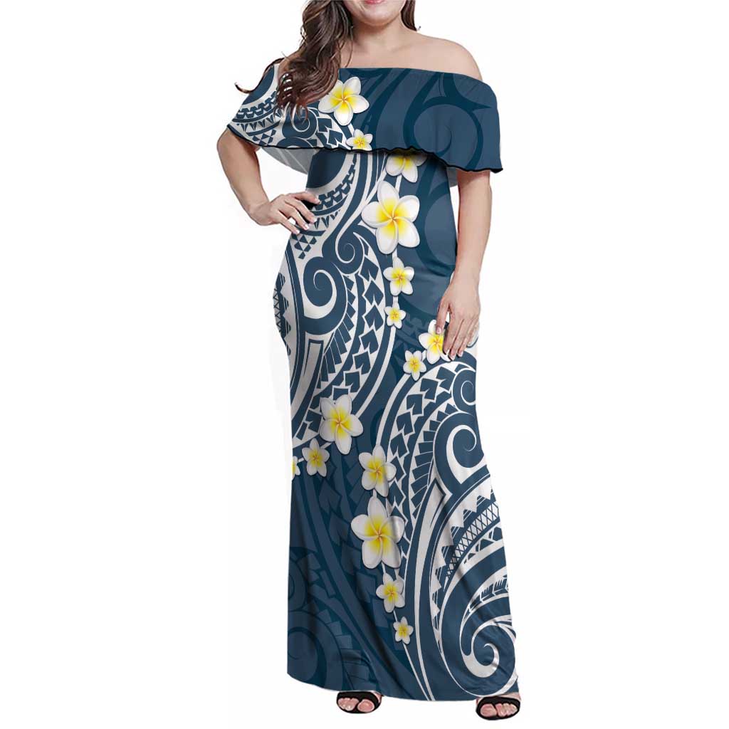 Plumeria With Blue Polynesian Tattoo Pattern Family Matching Off Shoulder Maxi Dress and Hawaiian Shirt LT05 Mom's Dress Blue - Polynesian Pride
