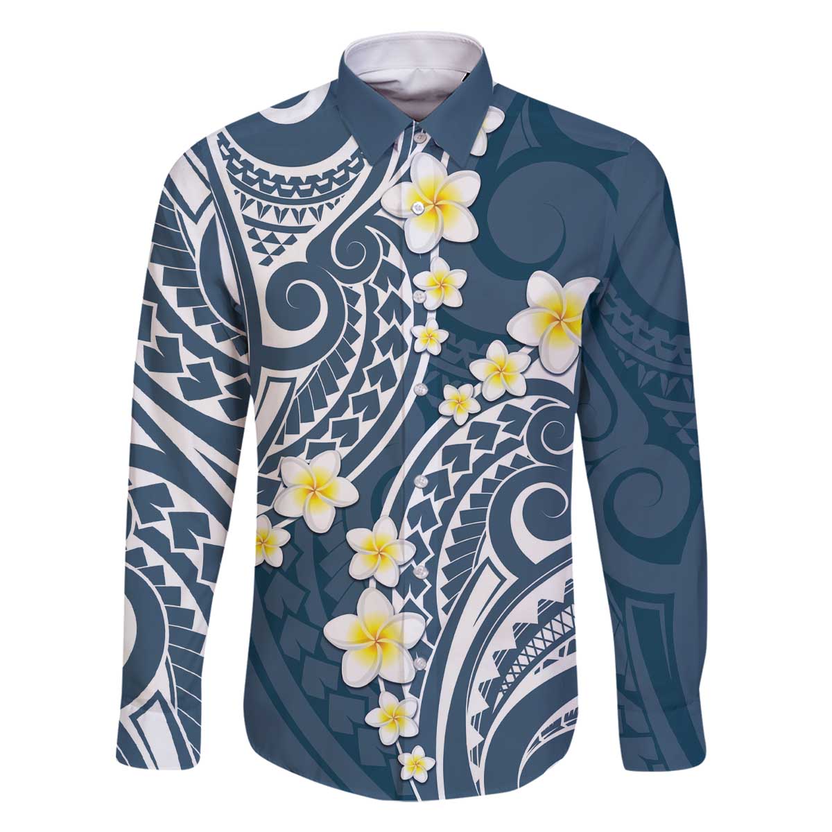 Plumeria With Blue Polynesian Tattoo Pattern Family Matching Off Shoulder Short Dress and Hawaiian Shirt LT05 Dad's Shirt - Long Sleeve Blue - Polynesian Pride