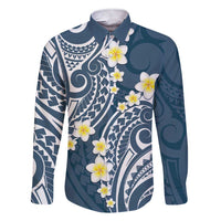 Plumeria With Blue Polynesian Tattoo Pattern Family Matching Short Sleeve Bodycon Dress and Hawaiian Shirt LT05 Dad's Shirt - Long Sleeve Blue - Polynesian Pride