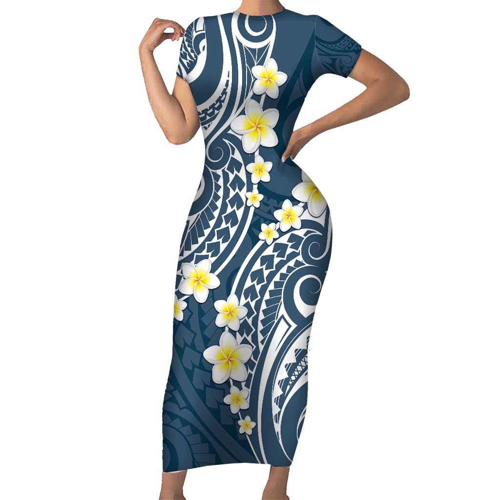 Plumeria With Blue Polynesian Tattoo Pattern Family Matching Short Sleeve Bodycon Dress and Hawaiian Shirt LT05 Mom's Dress Blue - Polynesian Pride
