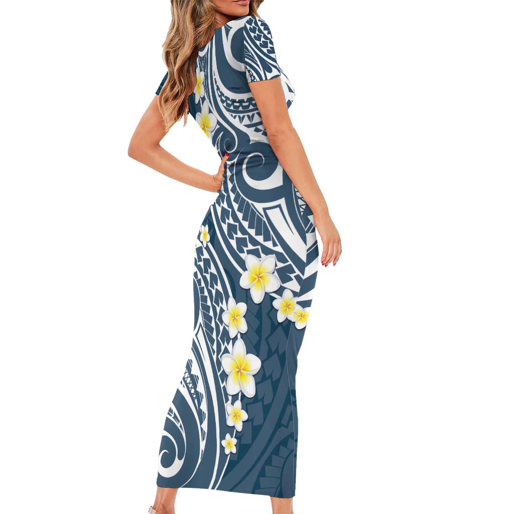 Plumeria With Blue Polynesian Tattoo Pattern Family Matching Short Sleeve Bodycon Dress and Hawaiian Shirt LT05 - Polynesian Pride