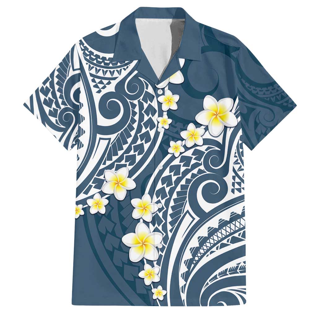 Plumeria With Blue Polynesian Tattoo Pattern Family Matching Summer Maxi Dress and Hawaiian Shirt