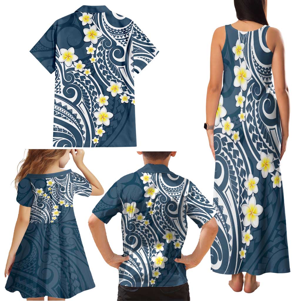 Plumeria With Blue Polynesian Tattoo Pattern Family Matching Tank Maxi Dress and Hawaiian Shirt LT05 - Polynesian Pride