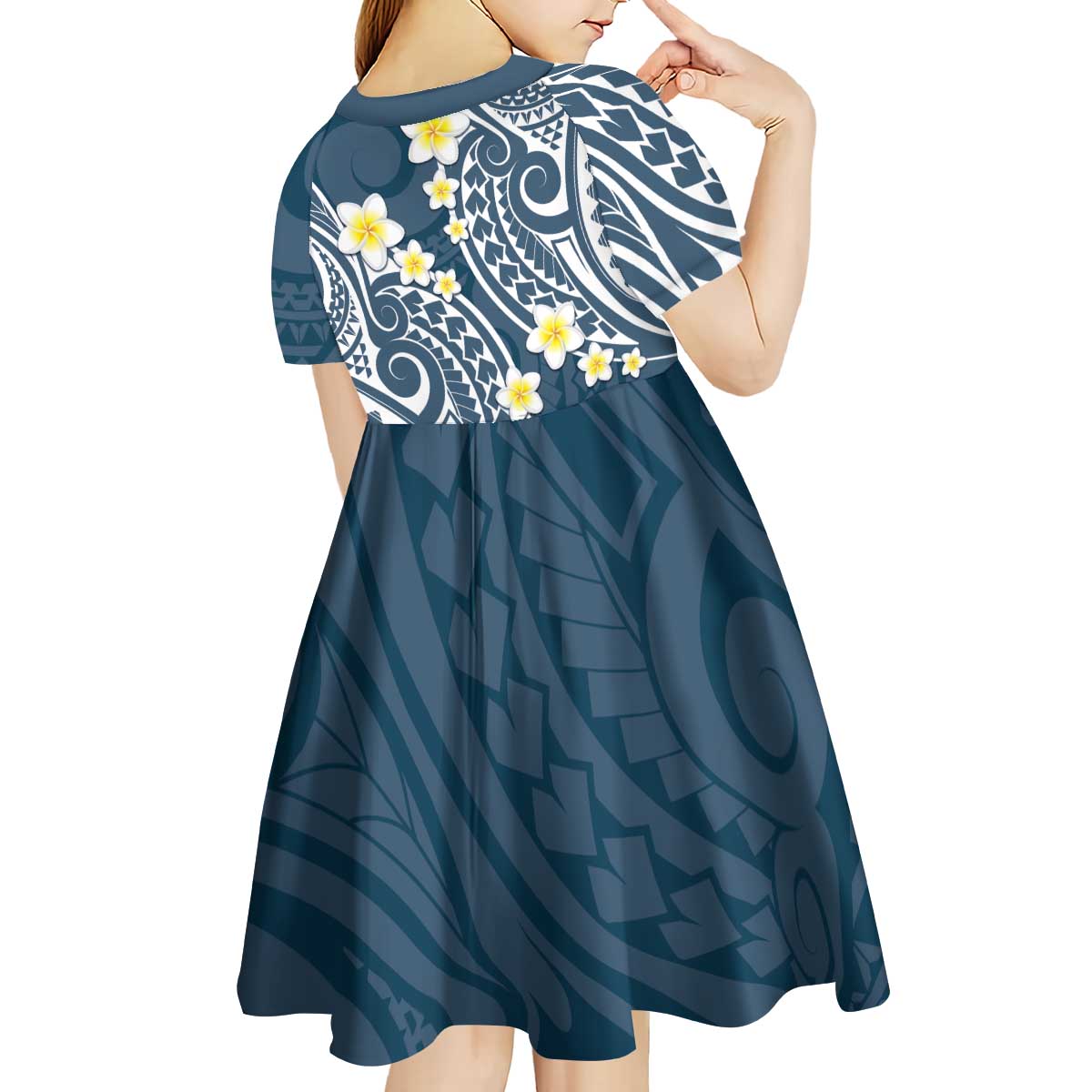 Plumeria With Blue Polynesian Tattoo Pattern Kid Short Sleeve Dress LT05 - Polynesian Pride