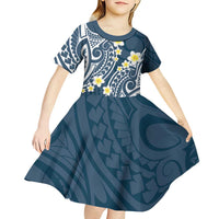 Plumeria With Blue Polynesian Tattoo Pattern Kid Short Sleeve Dress LT05 - Polynesian Pride