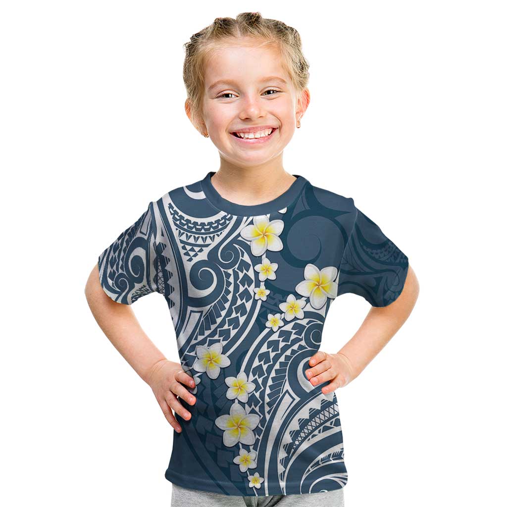 Plumeria With Blue Polynesian Tattoo Pattern Kid T Shirt LT05 Blue - Polynesian Pride