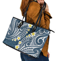 Plumeria With Blue Polynesian Tattoo Pattern Leather Tote Bag LT05 - Polynesian Pride