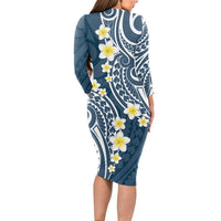 Plumeria With Blue Polynesian Tattoo Pattern Long Sleeve Bodycon Dress LT05 - Polynesian Pride
