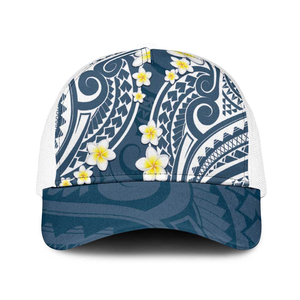 Plumeria With Blue Polynesian Tattoo Pattern Mesh Trucker Cap - Polynesian Pride