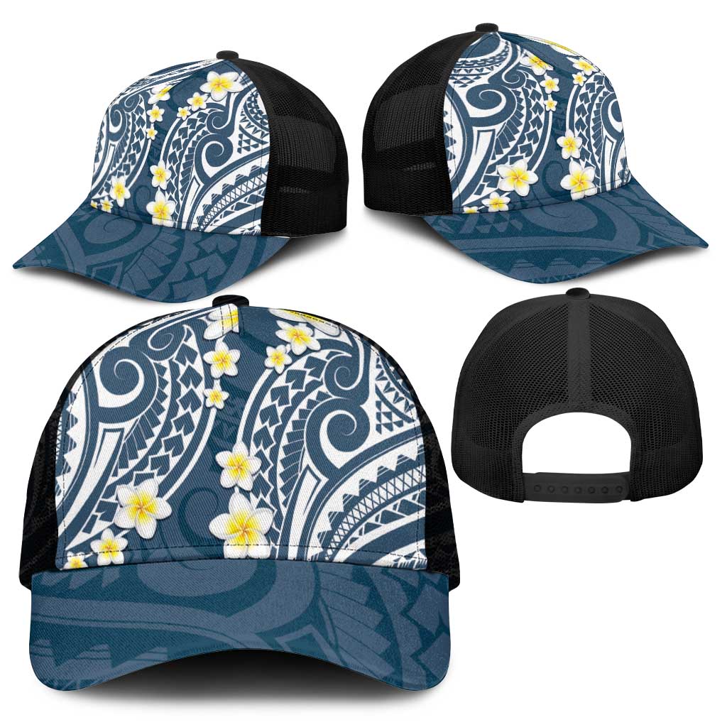 Plumeria With Blue Polynesian Tattoo Pattern Mesh Trucker Cap - Polynesian Pride