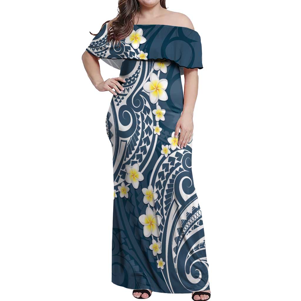 Plumeria With Blue Polynesian Tattoo Pattern Off Shoulder Maxi Dress