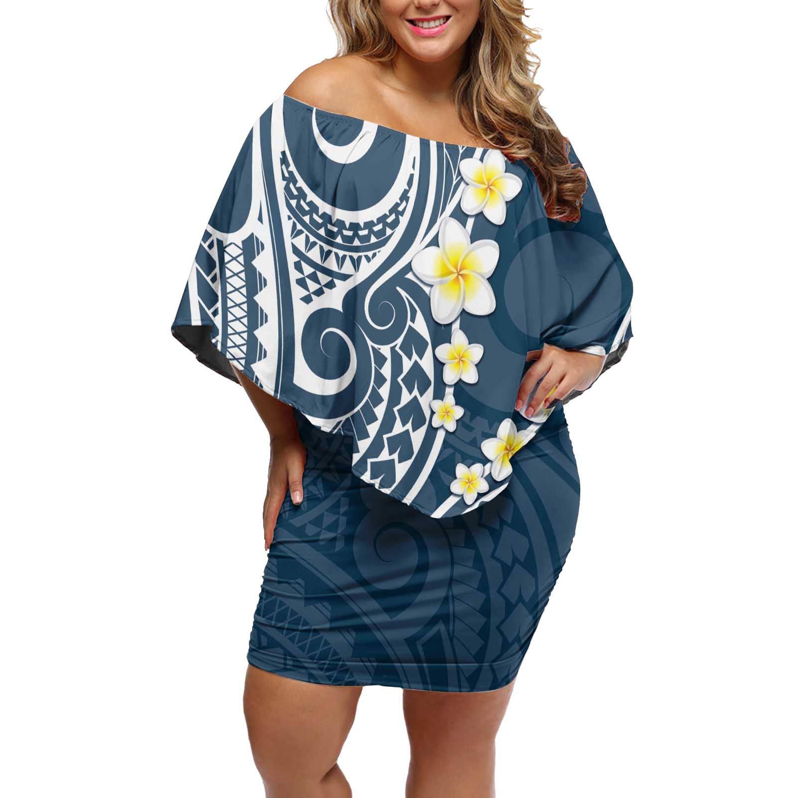 Plumeria With Blue Polynesian Tattoo Pattern Off Shoulder Short Dress