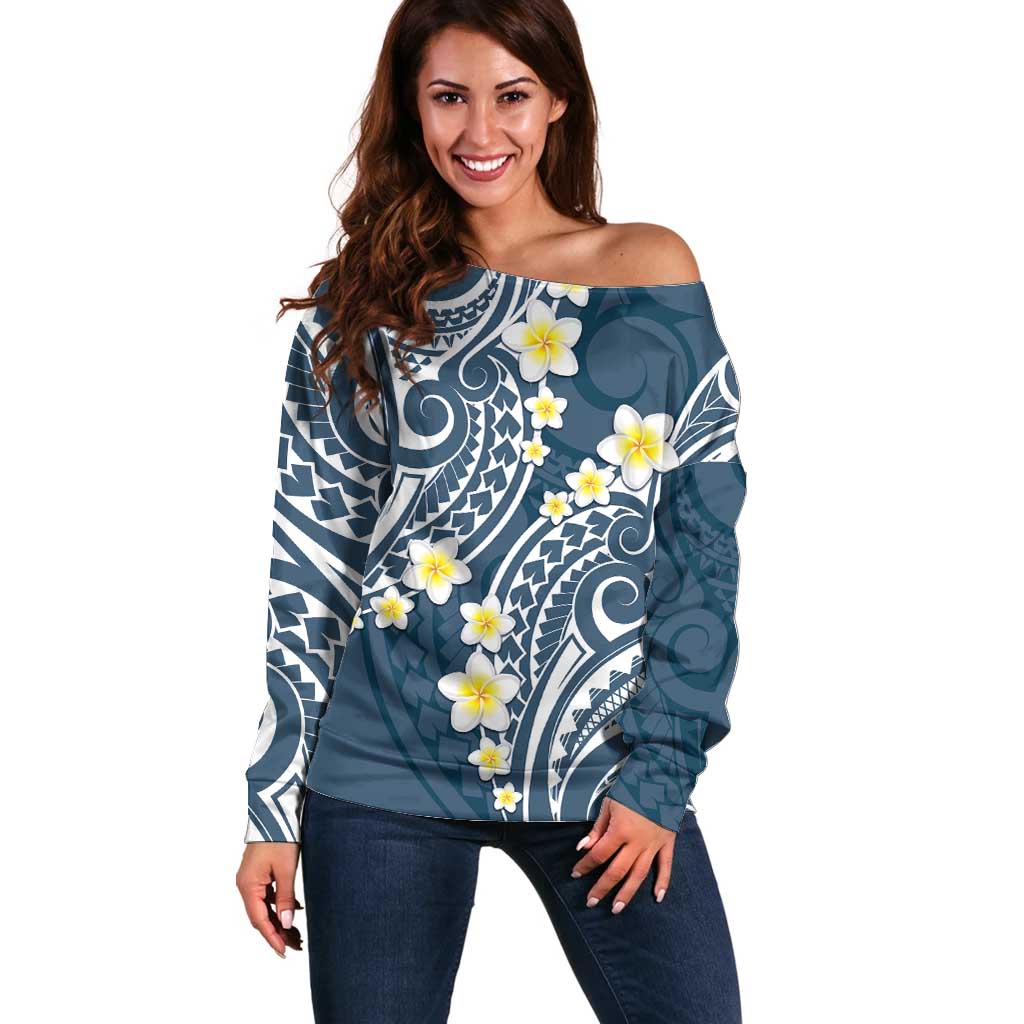 Plumeria With Blue Polynesian Tattoo Pattern Off Shoulder Sweater