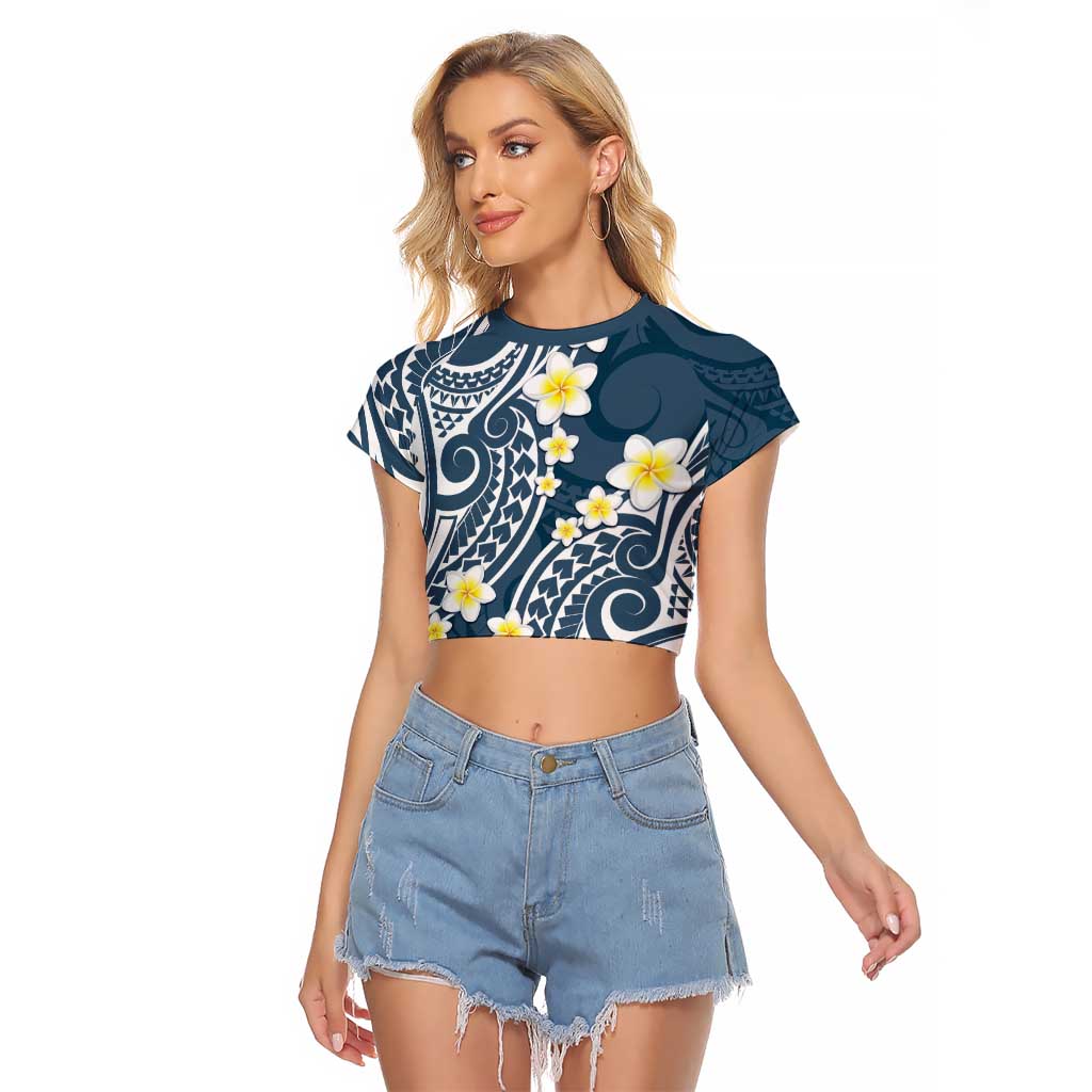 Plumeria With Blue Polynesian Tattoo Pattern Raglan Cropped T Shirt LT05 Female Blue - Polynesian Pride