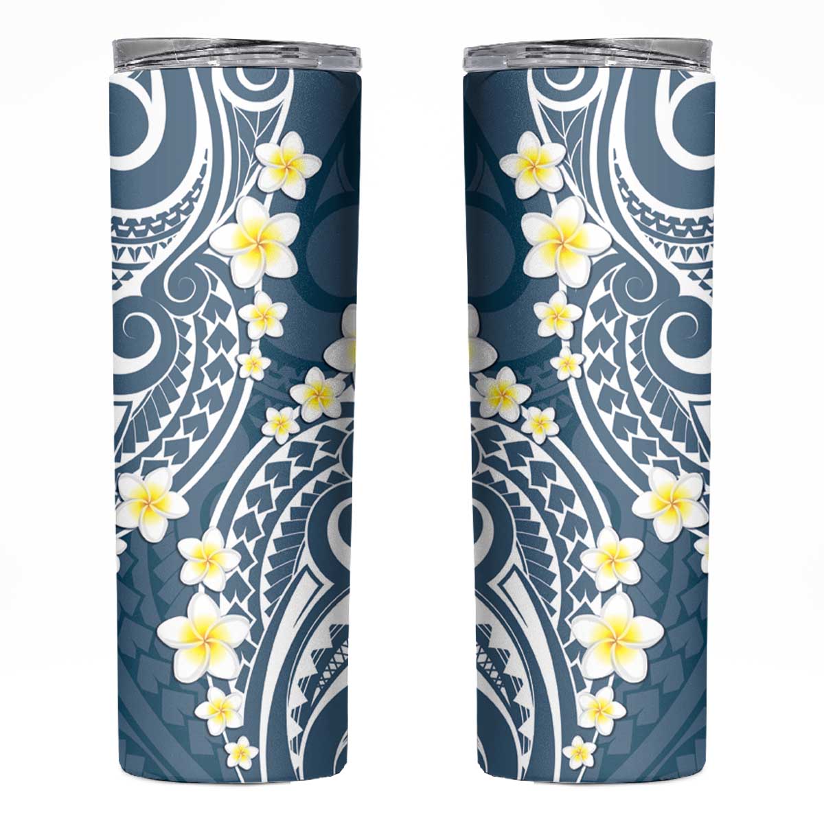 Plumeria With Blue Polynesian Tattoo Pattern Skinny Tumbler