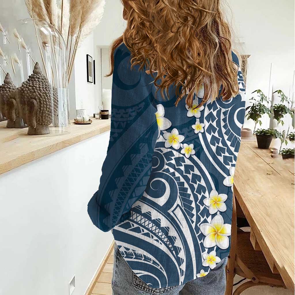 Plumeria With Blue Polynesian Tattoo Pattern Women Casual Shirt LT05 - Polynesian Pride