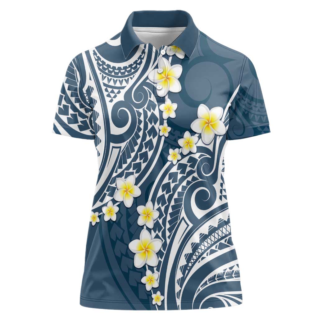 Plumeria With Blue Polynesian Tattoo Pattern Women Polo Shirt