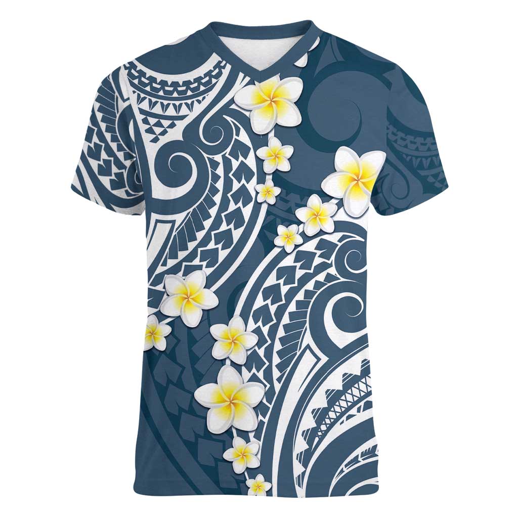 Plumeria With Blue Polynesian Tattoo Pattern Women V-Neck T-Shirt LT05 Female Blue - Polynesian Pride