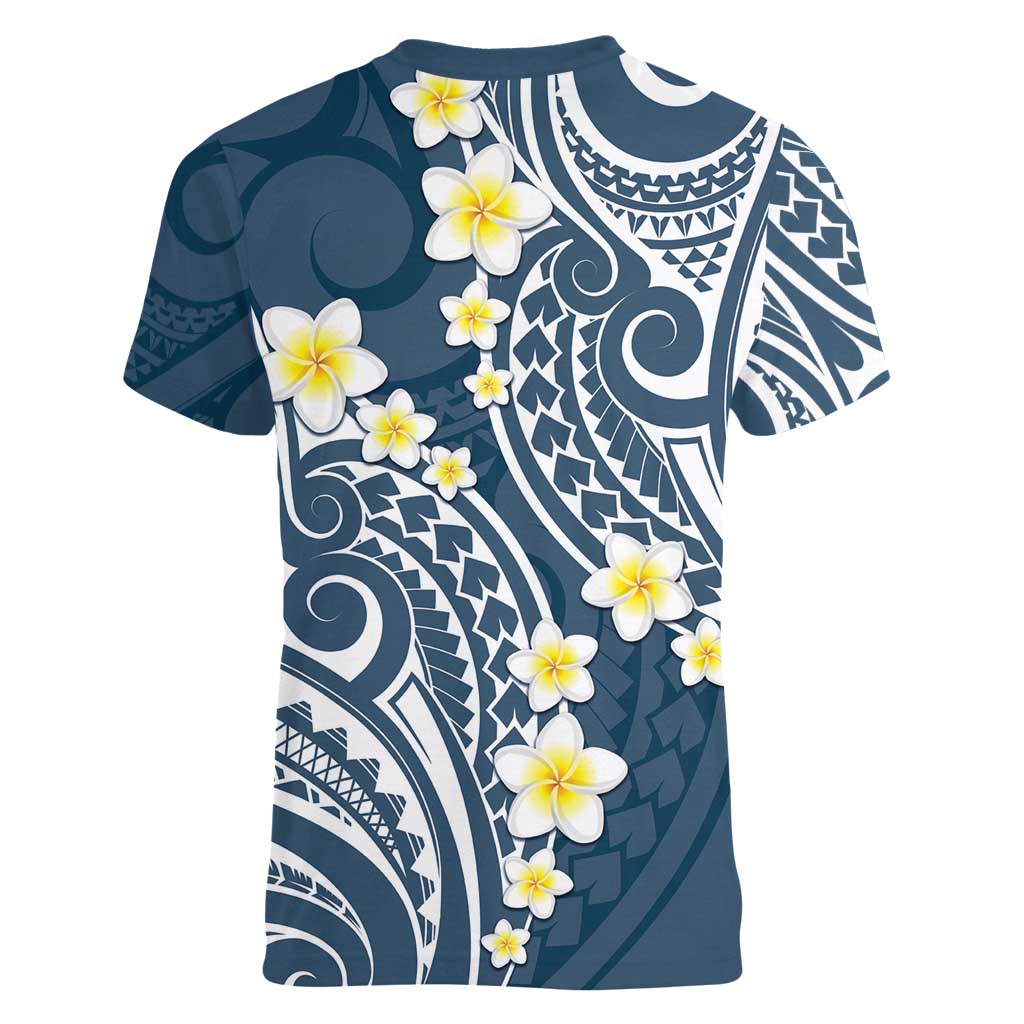 Plumeria With Blue Polynesian Tattoo Pattern Women V-Neck T-Shirt LT05 - Polynesian Pride