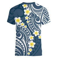 Plumeria With Blue Polynesian Tattoo Pattern Women V-Neck T-Shirt LT05 - Polynesian Pride