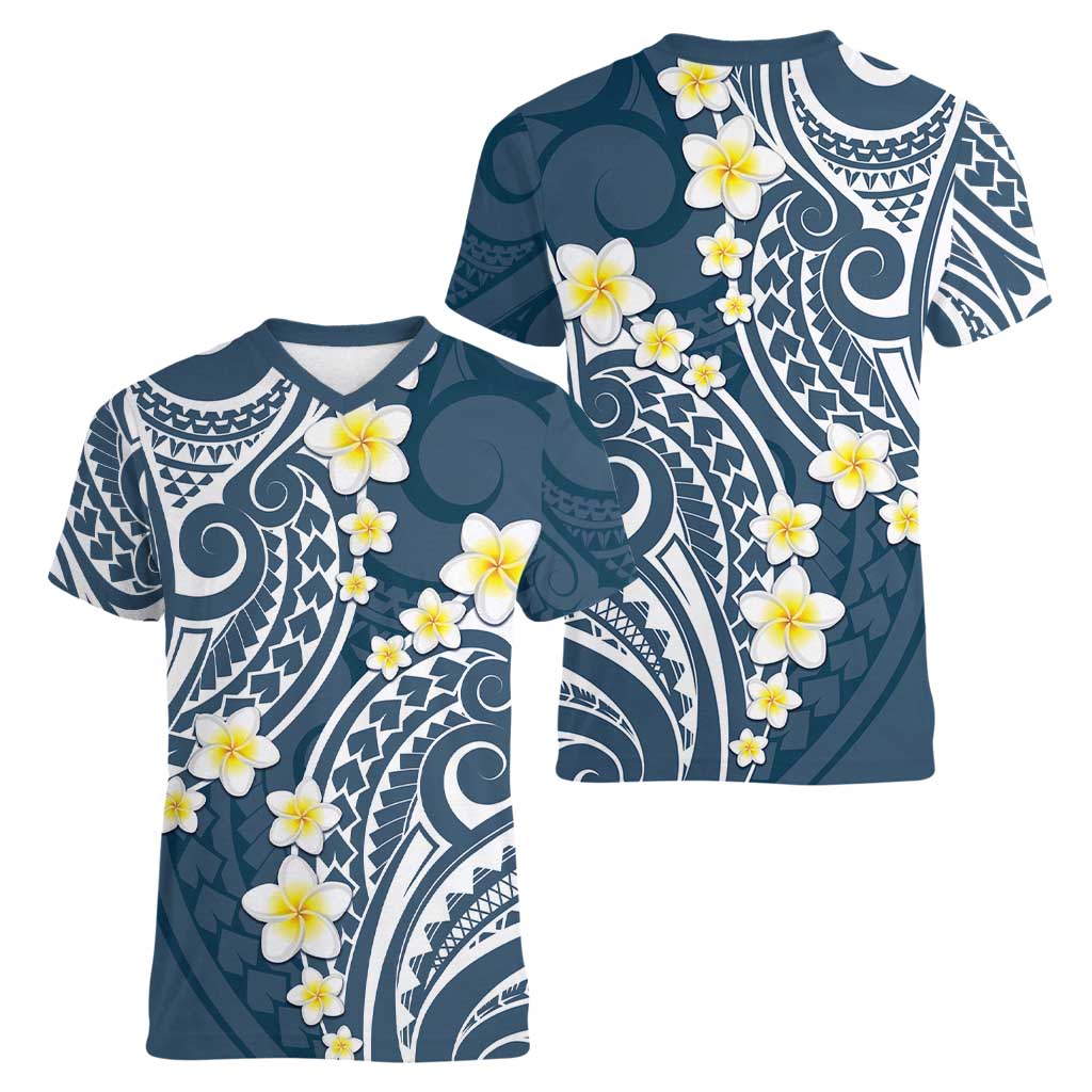 Plumeria With Blue Polynesian Tattoo Pattern Women V-Neck T-Shirt LT05 - Polynesian Pride
