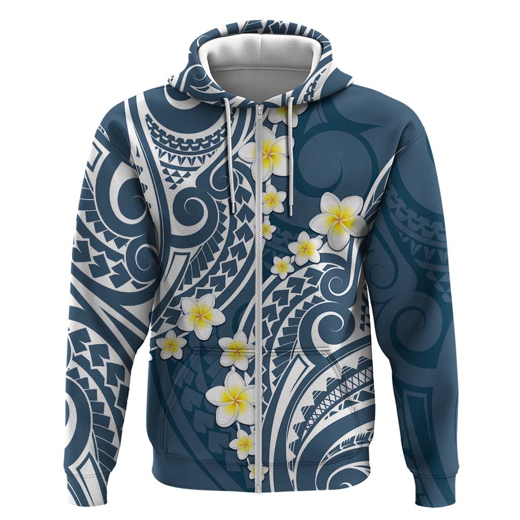 Plumeria With Blue Polynesian Tattoo Pattern Zip Hoodie