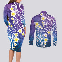 Plumeria With Galaxy Polynesian Tattoo Pattern Couples Matching Long Sleeve Bodycon Dress and Long Sleeve Button Shirt