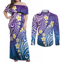 Plumeria With Galaxy Polynesian Tattoo Pattern Couples Matching Off Shoulder Maxi Dress and Long Sleeve Button Shirt
