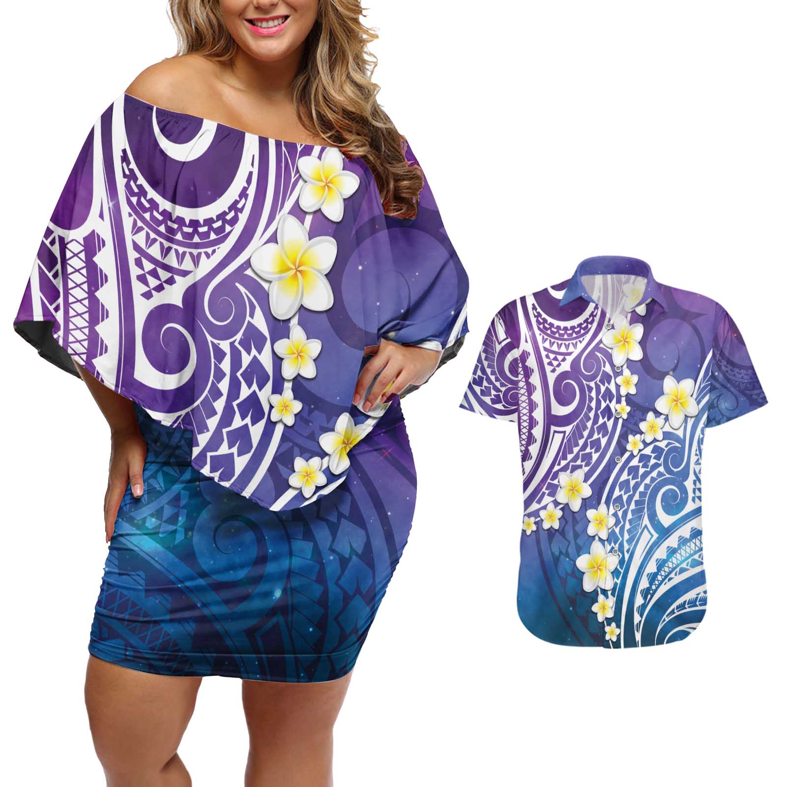 Plumeria With Galaxy Polynesian Tattoo Pattern Couples Matching Off Shoulder Short Dress and Hawaiian Shirt