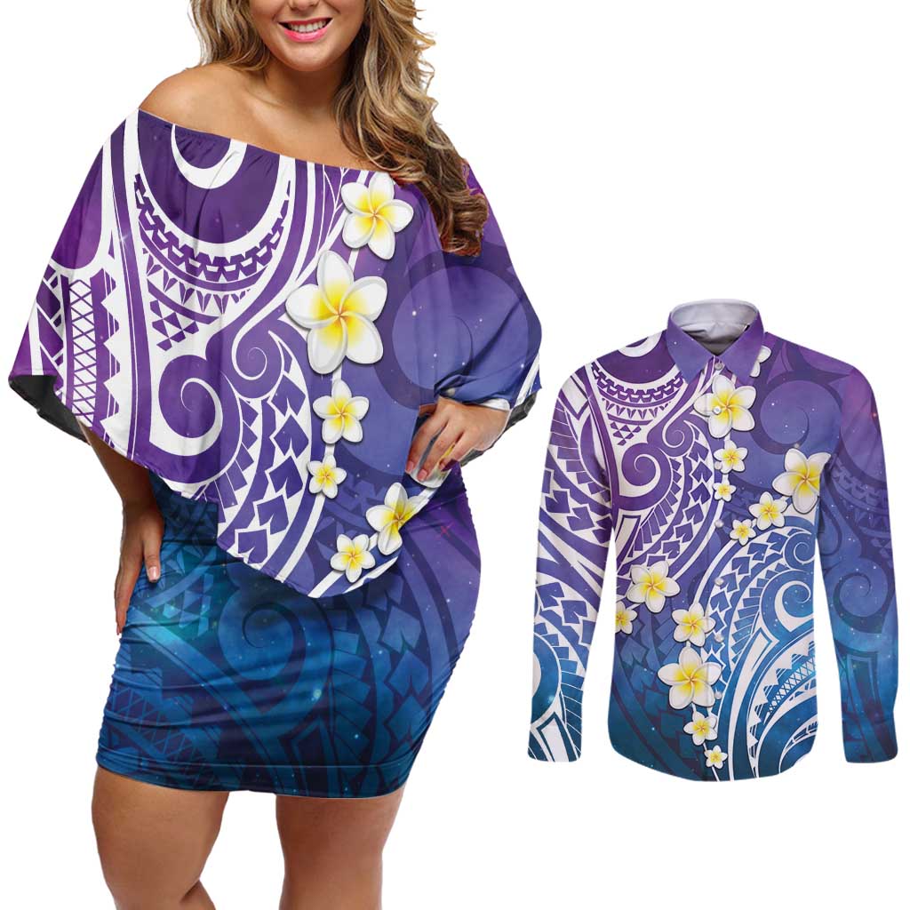 Plumeria With Galaxy Polynesian Tattoo Pattern Couples Matching Off Shoulder Short Dress and Long Sleeve Button Shirt