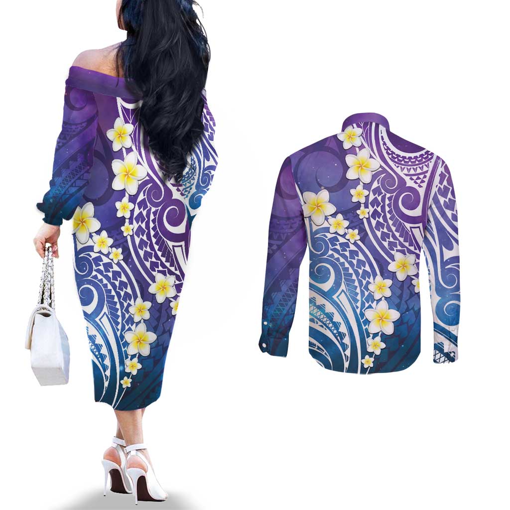 Plumeria With Galaxy Polynesian Tattoo Pattern Couples Matching Off The Shoulder Long Sleeve Dress and Long Sleeve Button Shirt