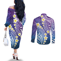 Plumeria With Galaxy Polynesian Tattoo Pattern Couples Matching Off The Shoulder Long Sleeve Dress and Long Sleeve Button Shirt