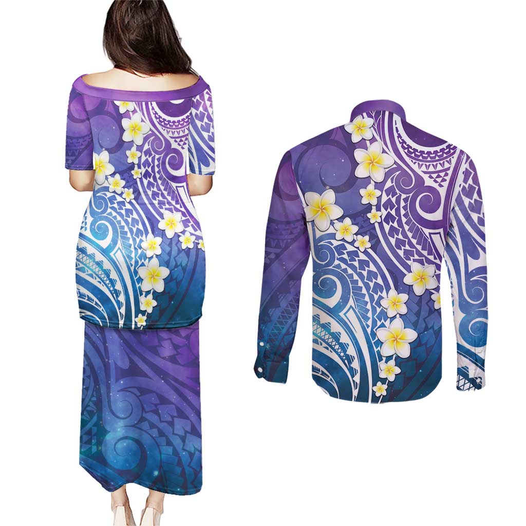 Plumeria With Galaxy Polynesian Tattoo Pattern Couples Matching Puletasi and Long Sleeve Button Shirt