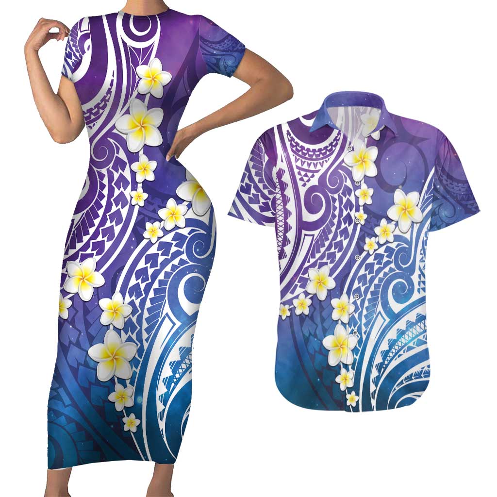 Plumeria With Galaxy Polynesian Tattoo Pattern Couples Matching Short Sleeve Bodycon Dress and Hawaiian Shirt