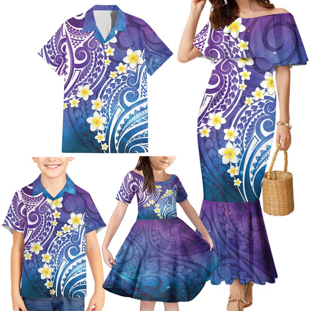 Plumeria With Galaxy Polynesian Tattoo Pattern Family Matching Mermaid Dress and Hawaiian Shirt LT05 - Polynesian Pride