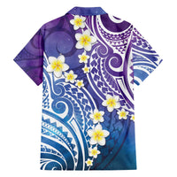 Plumeria With Galaxy Polynesian Tattoo Pattern Family Matching Off The Shoulder Long Sleeve Dress and Hawaiian Shirt