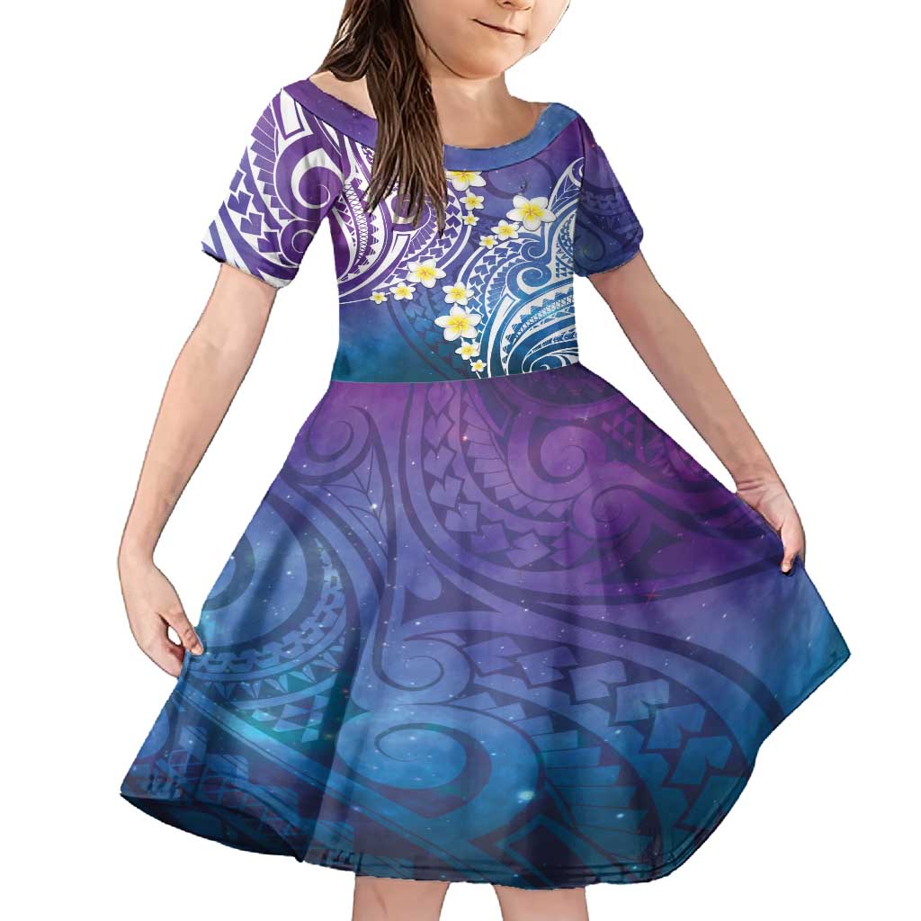 Plumeria With Galaxy Polynesian Tattoo Pattern Family Matching Off Shoulder Maxi Dress and Hawaiian Shirt LT05 Daughter's Dress Galaxy - Polynesian Pride