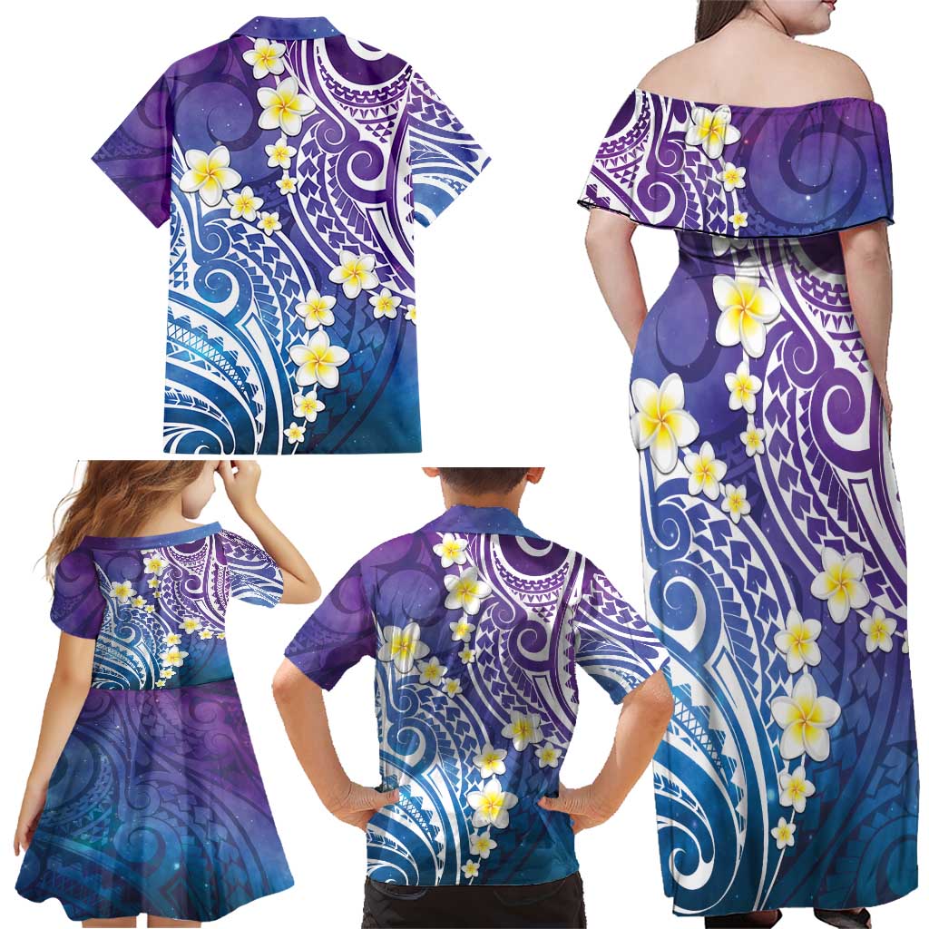 Plumeria With Galaxy Polynesian Tattoo Pattern Family Matching Off Shoulder Maxi Dress and Hawaiian Shirt LT05 - Polynesian Pride