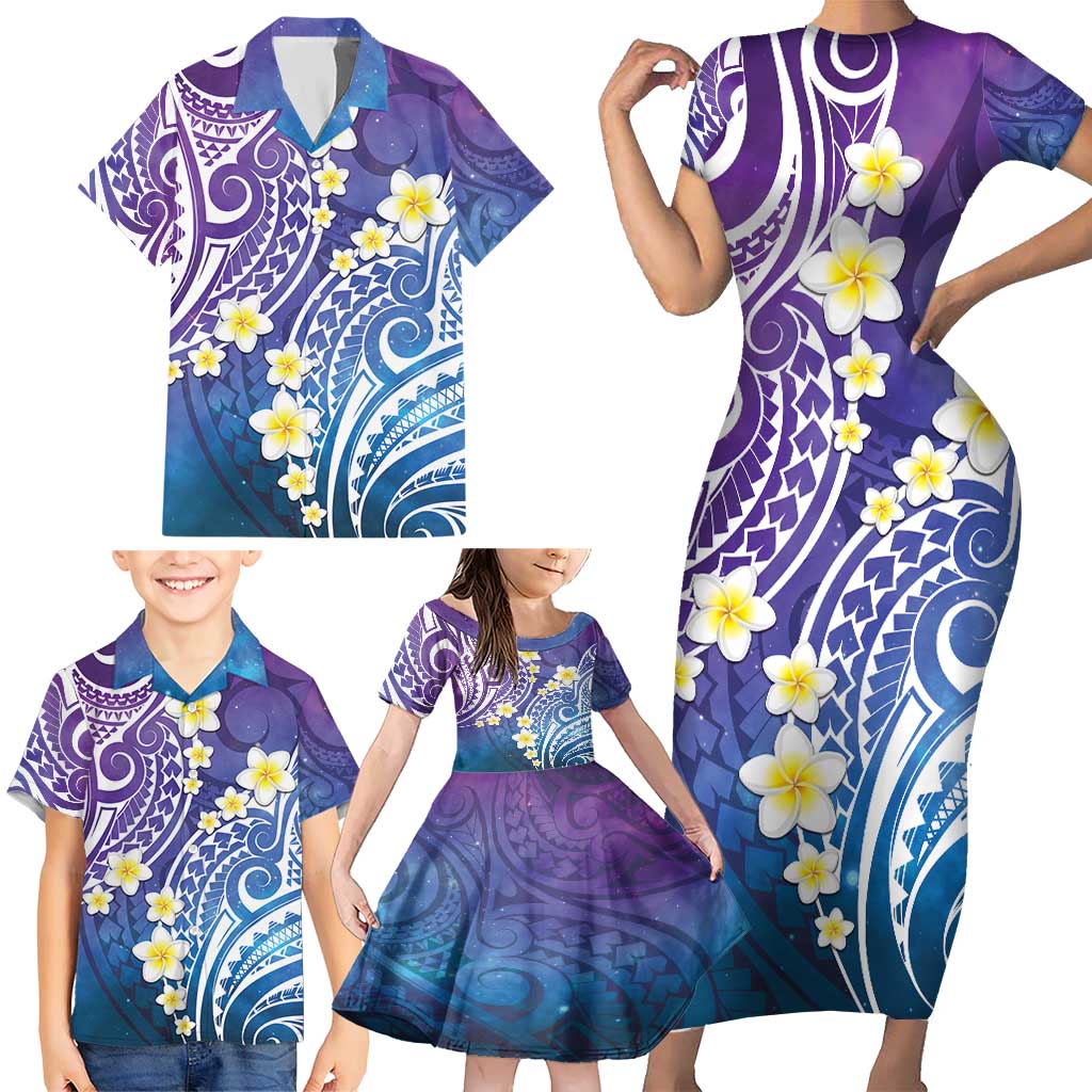 Plumeria With Galaxy Polynesian Tattoo Pattern Family Matching Short Sleeve Bodycon Dress and Hawaiian Shirt LT05 - Polynesian Pride