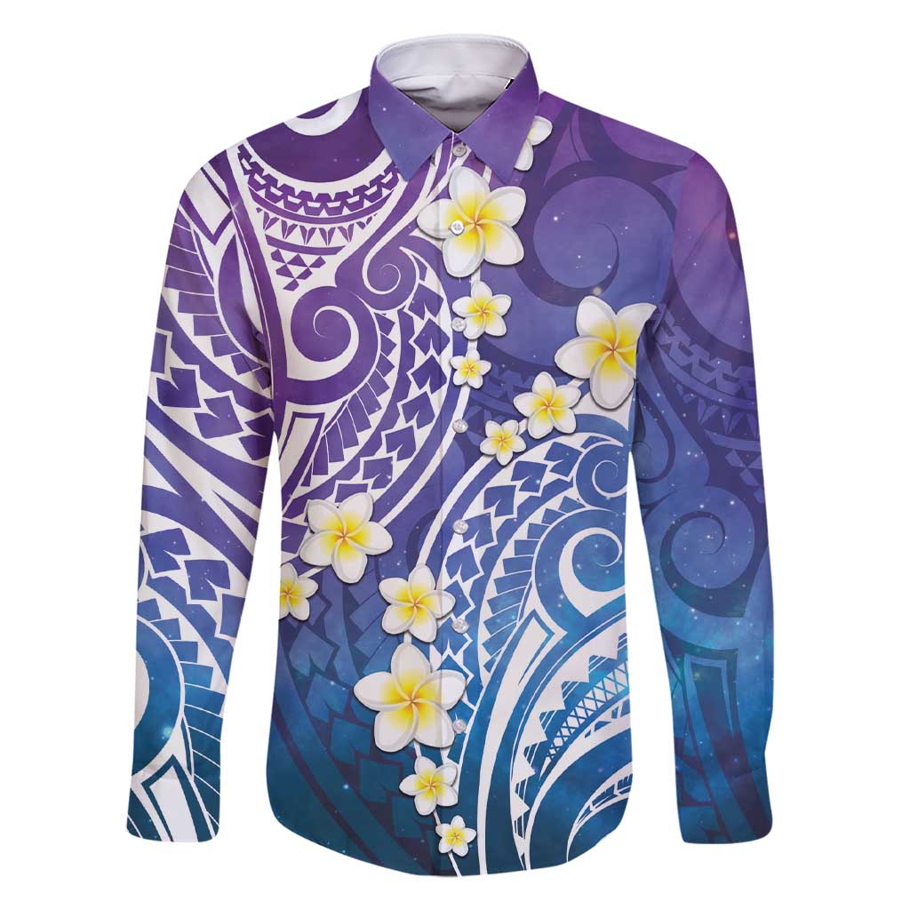 Plumeria With Galaxy Polynesian Tattoo Pattern Family Matching Short Sleeve Bodycon Dress and Hawaiian Shirt LT05 Dad's Shirt - Long Sleeve Galaxy - Polynesian Pride