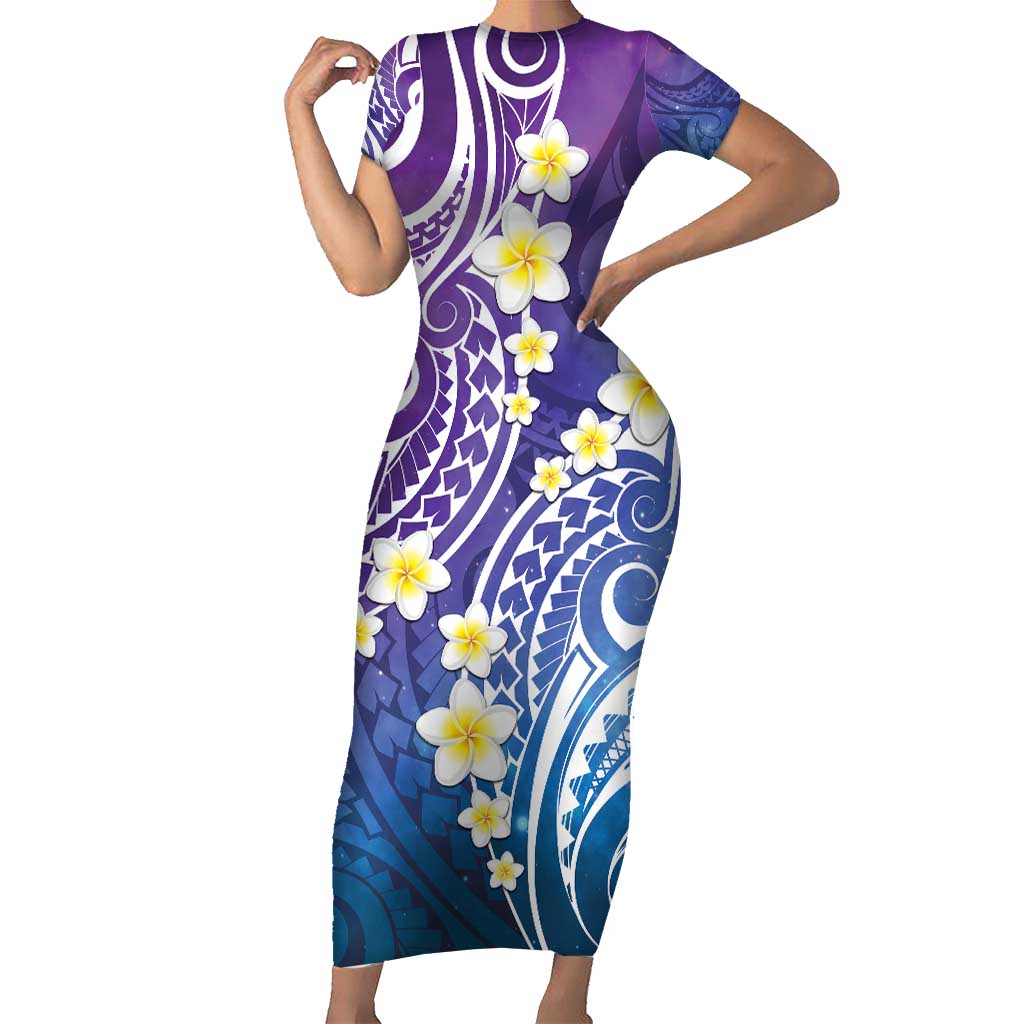 Plumeria With Galaxy Polynesian Tattoo Pattern Family Matching Short Sleeve Bodycon Dress and Hawaiian Shirt LT05 Mom's Dress Galaxy - Polynesian Pride